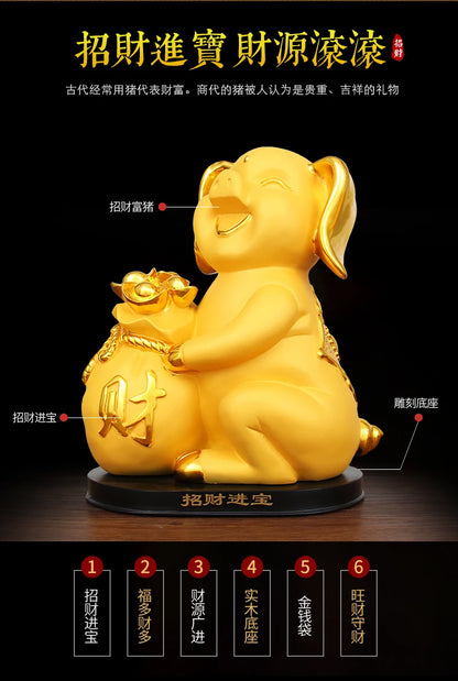 TOP COOL HOME Shop Parlour room decoration Business Money Drawing Good luck Propitious golden Fortune pig FENG SHUI Statue