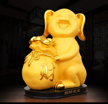 TOP COOL HOME Shop Parlour room decoration Business Money Drawing Good luck Propitious golden Fortune pig FENG SHUI Statue