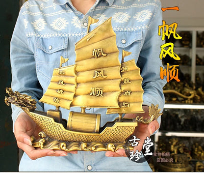 TOP COOL HOME office company efficacious  thriving business Mascot Success Dragon Sailboat FENG SHUI brass statue-GOOD