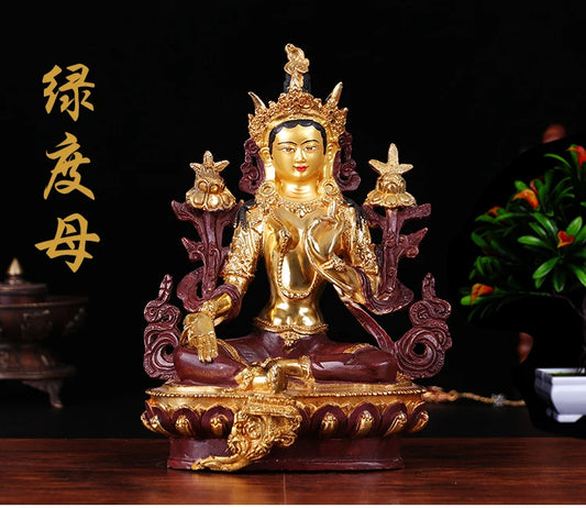 TOP GOOD 21CM Protection Talisman-Buddhist Buddhism gilding Green Tara brass statue