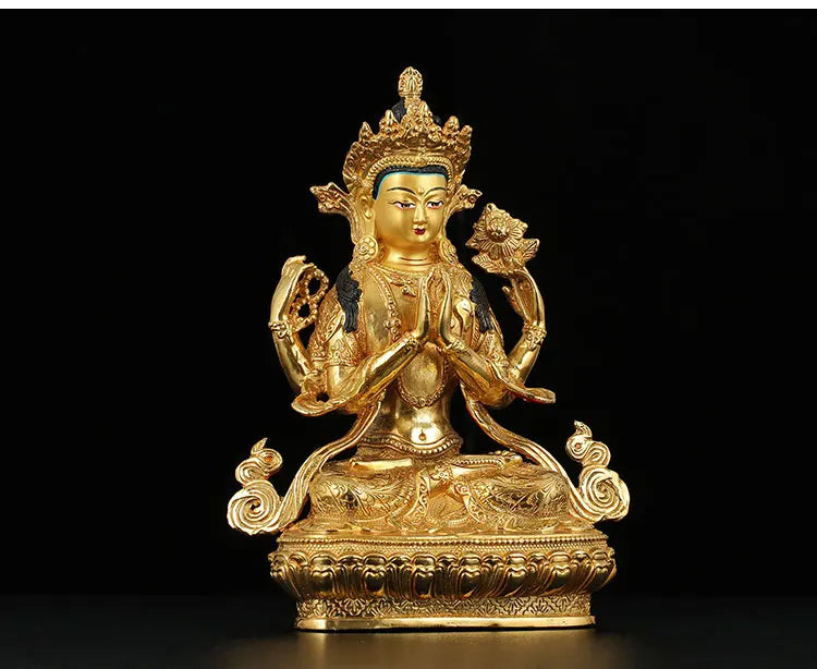 TOP GOOD # 8 inch HOME Talisman Buddhism handmade gold Four-armed Avalokitesvara Bidhisattva Buddha copper statue