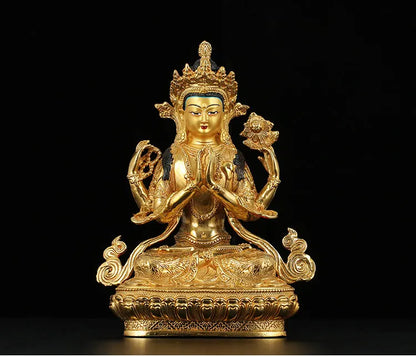 TOP GOOD # 8 inch HOME Talisman Buddhism handmade gold Four-armed Avalokitesvara Bidhisattva Buddha copper statue