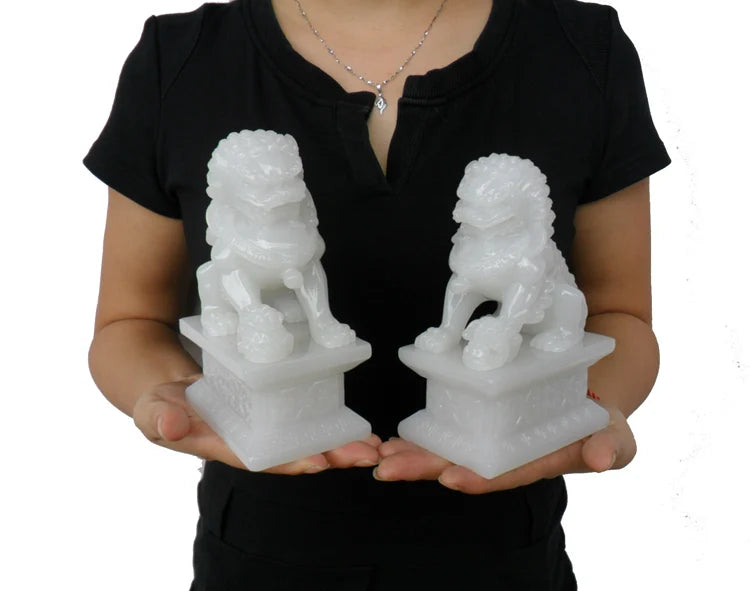 TOP GOOD A pair -16CM #HOME office Company shop  FENG SHUI Talisman Inviting Money white jade kylin Lion Sculpture ART statue