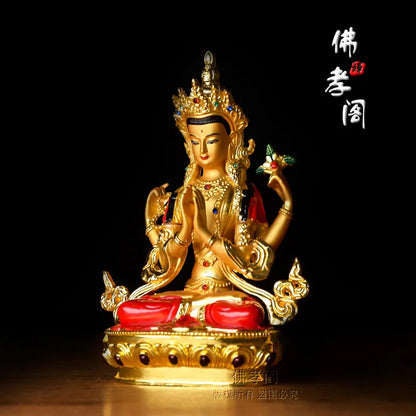 TOP GOOD  Bless Safe good luck Protection-Buddha gilding 14.5CM Shadakshari Avalokitesvara Buddha statue