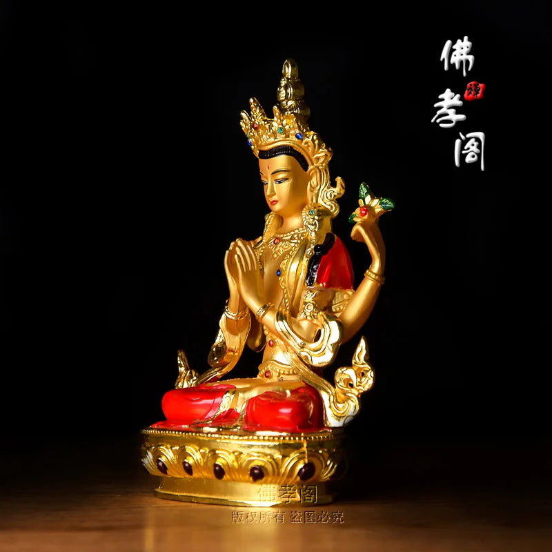 TOP GOOD  Bless Safe good luck Protection-Buddha gilding 14.5CM Shadakshari Avalokitesvara Buddha statue