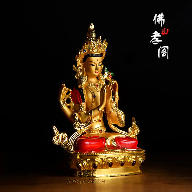 TOP GOOD  Bless Safe good luck Protection-Buddha gilding 14.5CM Shadakshari Avalokitesvara Buddha statue