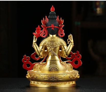 TOP GOOD Buddha Tibetan Nepal Buddhism efficacious Protection Gold-plated gilding Shadakshari Avalokitesvara Buddha brass statue