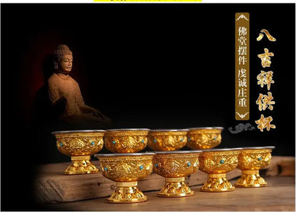 TOP GOOD Buddhist articles-efficacious HOME family Protection Talisman- 8 auspicious GOLD holder Holy water cup