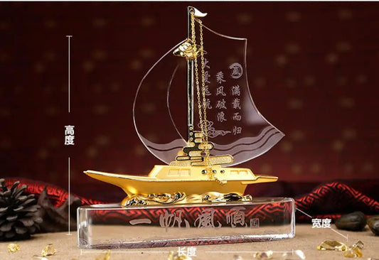TOP GOOD Desk Business Decorative art Talisman -ALL GOOD LUCK crystal Sailboat FENG SHUI Mascot Sculpture statue
