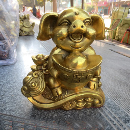 TOP GOOD # HOME Shop lobby  Business Money Drawing Good luck Yuanbao GOLD Fortune pig FENG SHUI BRASS Sculpture Statue