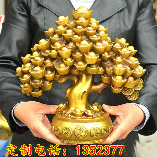 TOP GOOD  HOME lobby office Shop Company FENG SHUI Money Drawing Talisman Good luck Gold ingot Money tree brass statue 29CM