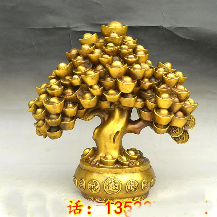 TOP GOOD  HOME lobby office Shop Company FENG SHUI Money Drawing Talisman Good luck Gold ingot Money tree brass statue 29CM