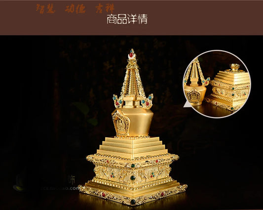 TOP GOOD buddha statue # 22cm # HOME Talisman # Buddhism Bodhi Pagoda Shariputra Pagoda Gilding brass statu