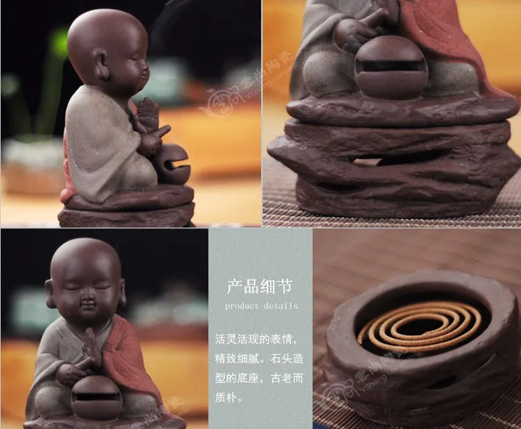 TOP GOOD  # edition ceramic ART -Zen Buddha Little Monk incense color pottery ART   free box santal incense