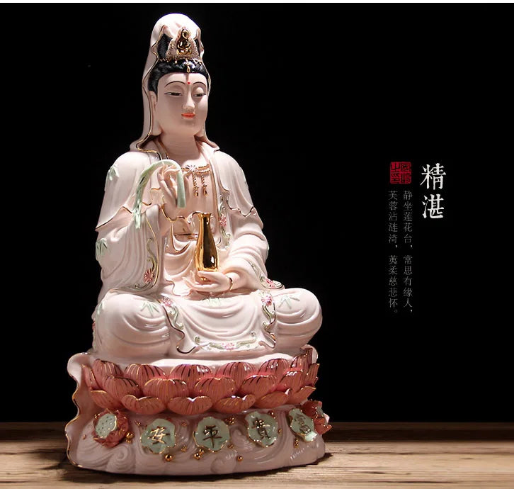 TOP GOOD # high-grade home family  Talisman FENG SHUI Mascot Guanyin Buddha Porcelain jade carving Sculpture statue  30cm