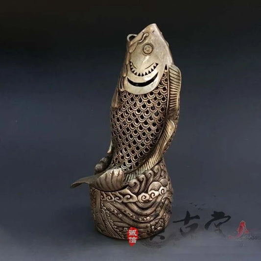 TOP collection # Home OFFICE Decor COOL art -old Vintage silver fish sculpture silver plating censer burner ART statue