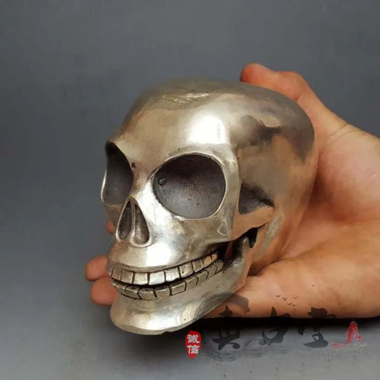 TOP collection # Home OFFICE Decor COOL art -old Vintage silver skull sculpture silver plating ART statue
