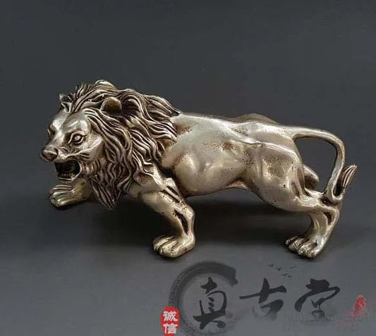 TOP collection # Home OFFICE Decor art -old Vintage CHINA silver LION sculpture silver plating statue