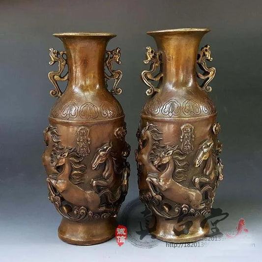TOP collection # Home OFFICE Decor art -old Vintage dragon and phoenix Relievo bronze HORSE  sculpture art  flower vase statue