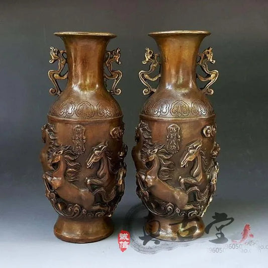 TOP collection # Home OFFICE Decor art -old Vintage dragon and phoenix Relievo bronze HORSE  sculpture art  flower vase statue