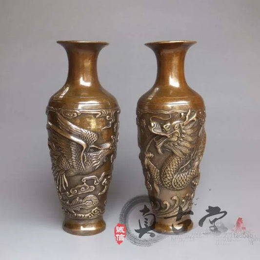 TOP collection # Home OFFICE Decor art -old Vintage dragon and phoenix bronze sculpture art  flower vase statue -- a pair