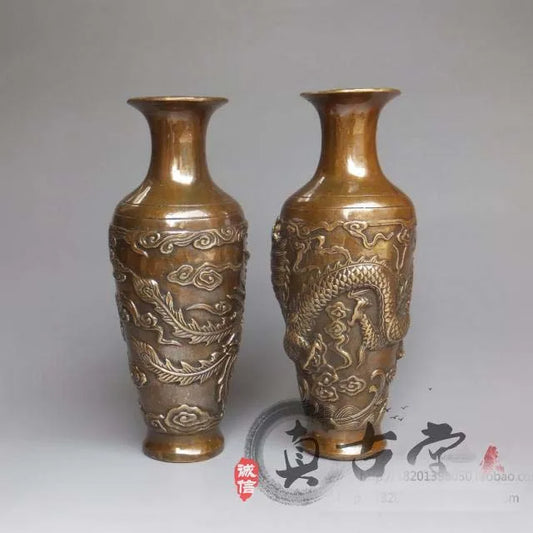 TOP collection # Home OFFICE Decor art -old Vintage dragon and phoenix bronze sculpture art  flower vase statue -- a pair