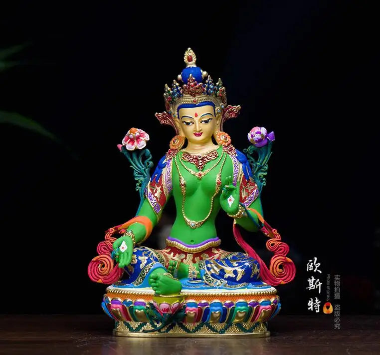 TOP grade GOOD Buddha -bless family home Safety Health luck efficacious Talisman Tibet Green Tara Painted Buddha statue
