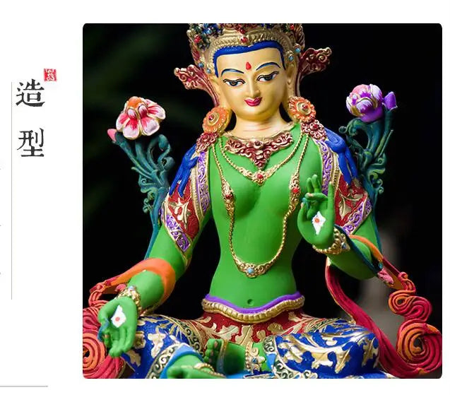 TOP grade GOOD Buddha -bless family home Safety Health luck efficacious Talisman Tibet Green Tara Painted Buddha statue
