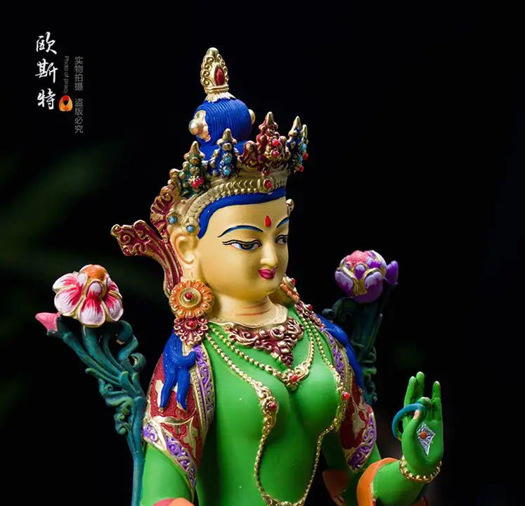 TOP grade GOOD Buddha -bless family home Safety Health luck efficacious Talisman Tibet Green Tara Painted Buddha statue