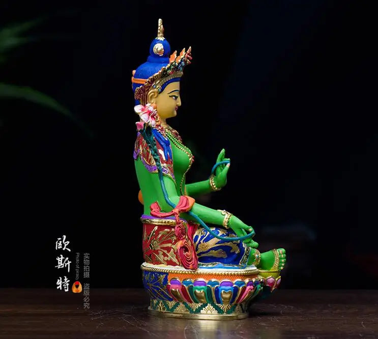 TOP grade GOOD Buddha -bless family home Safety Health luck efficacious Talisman Tibet Green Tara Painted Buddha statue
