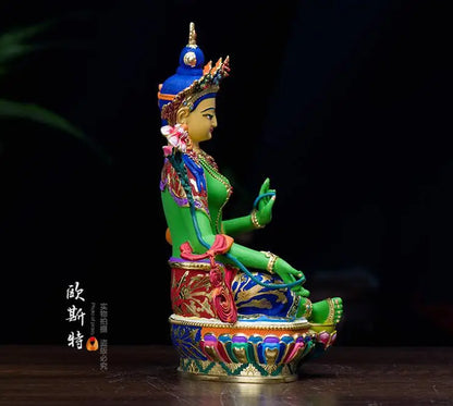 TOP grade GOOD Buddha -bless family home Safety Health luck efficacious Talisman Tibet Green Tara Painted Buddha statue