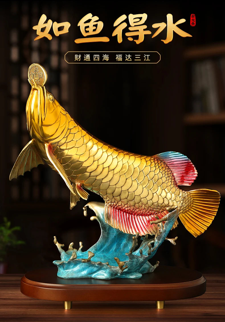 TOP high grade Good luck Dragon golden Fish Wealth Arowana HOME OFFICE BAR CLUB decoration bring wealth money bronze Sculpture