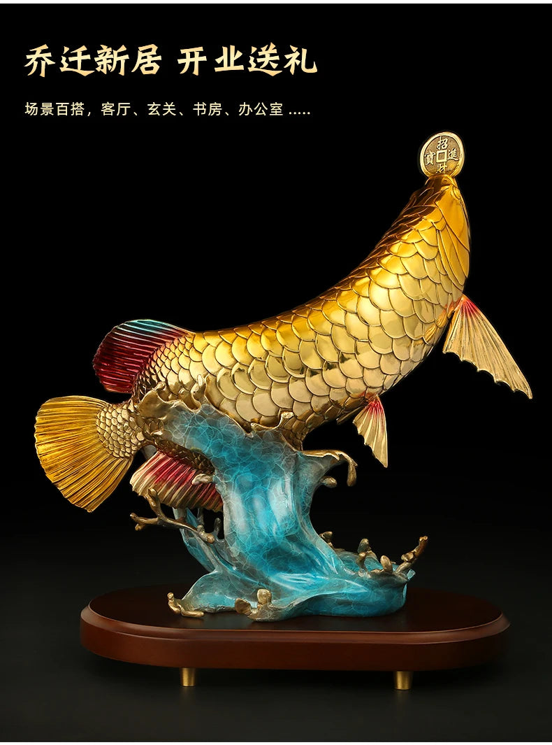 TOP high grade Good luck Dragon golden Fish Wealth Arowana HOME OFFICE BAR CLUB decoration bring wealth money bronze Sculpture