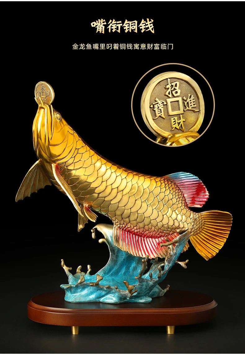 TOP high grade Good luck Dragon golden Fish Wealth Arowana HOME OFFICE BAR CLUB decoration bring wealth money bronze Sculpture