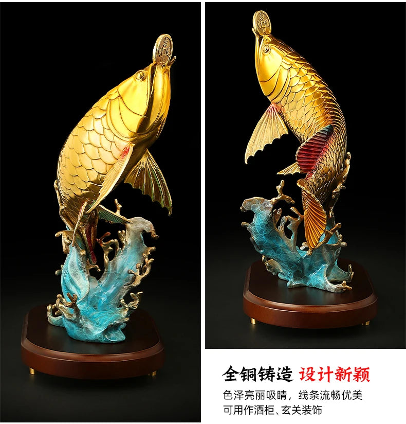 TOP high grade Good luck Dragon golden Fish Wealth Arowana HOME OFFICE BAR CLUB decoration bring wealth money bronze Sculpture