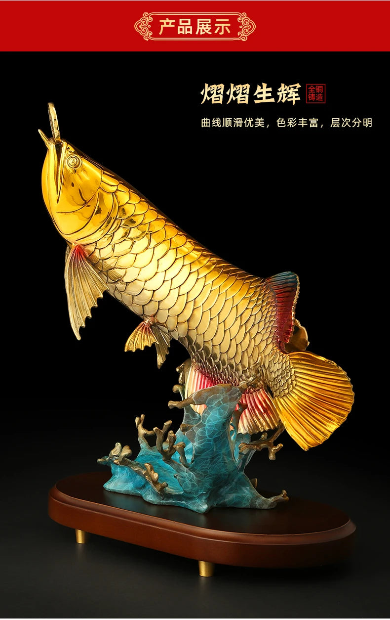 TOP high grade Good luck Dragon golden Fish Wealth Arowana HOME OFFICE BAR CLUB decoration bring wealth money bronze Sculpture