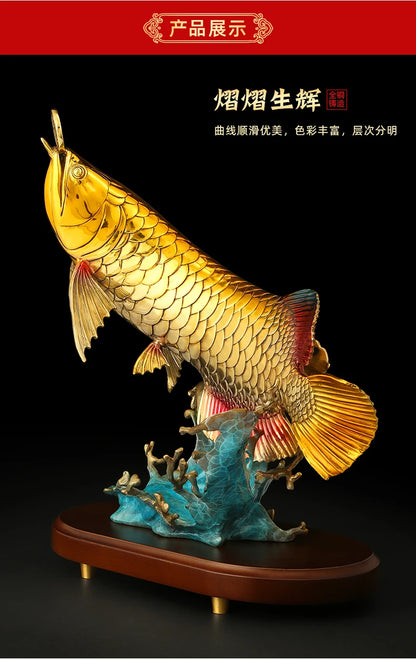 TOP high grade Good luck Dragon golden Fish Wealth Arowana HOME OFFICE BAR CLUB decoration bring wealth money bronze Sculpture
