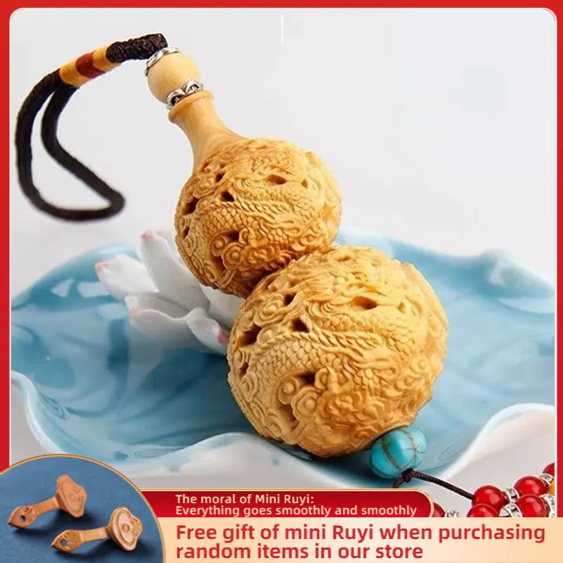 Taihang Cliff Cypress Wood Carved【Bring Wealth and Good Luck】Originality Gourd Home Decoration Office Accessories Car Ornaments