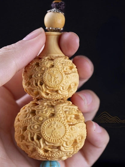 Taihang Cliff Cypress Wood Carved【Bring Wealth and Good Luck】Originality Gourd Home Decoration Office Accessories Car Ornaments