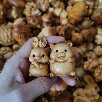Taihang Cliff Cypress Wood Carved 【Bring Wealth and Good Luck 】 Pig and Rabbit Home Decoration Office Accessories Car Ornaments