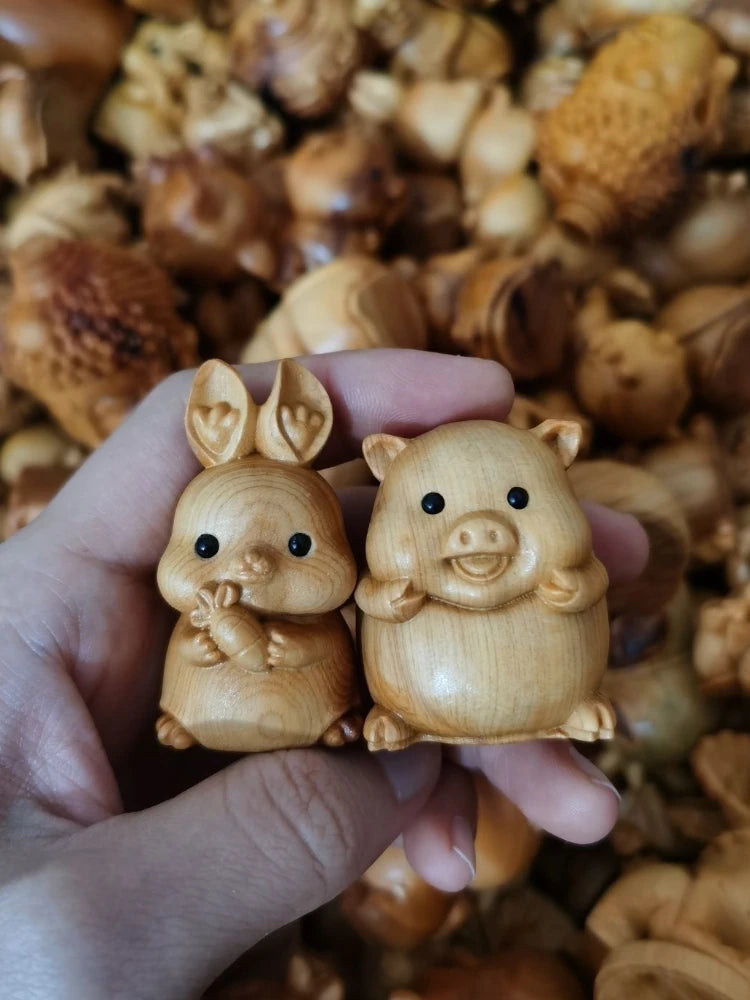 Taihang Cliff Cypress Wood Carved 【Bring Wealth and Good Luck 】 Pig and Rabbit Home Decoration Office Accessories Car Ornaments