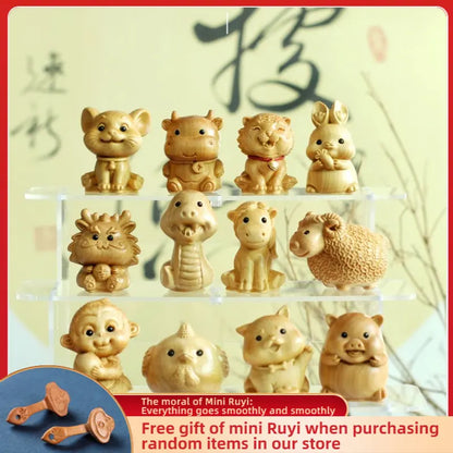Taihang Cliff Cypress Wood Carved【Bring Wealth and Good Luck】Twelve Animals Home Decoration Office Accessories Car Ornaments