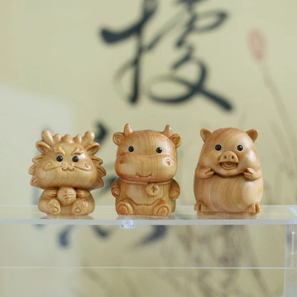 Taihang Cliff Cypress Wood Carved【Bring Wealth and Good Luck】Twelve Animals Home Decoration Office Accessories Car Ornaments
