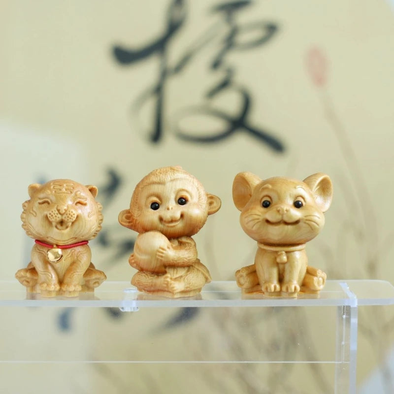 Taihang Cliff Cypress Wood Carved【Bring Wealth and Good Luck】Twelve Animals Home Decoration Office Accessories Car Ornaments
