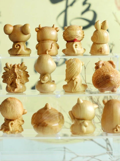Taihang Cliff Cypress Wood Carved【Bring Wealth and Good Luck】Twelve Animals Home Decoration Office Accessories Car Ornaments