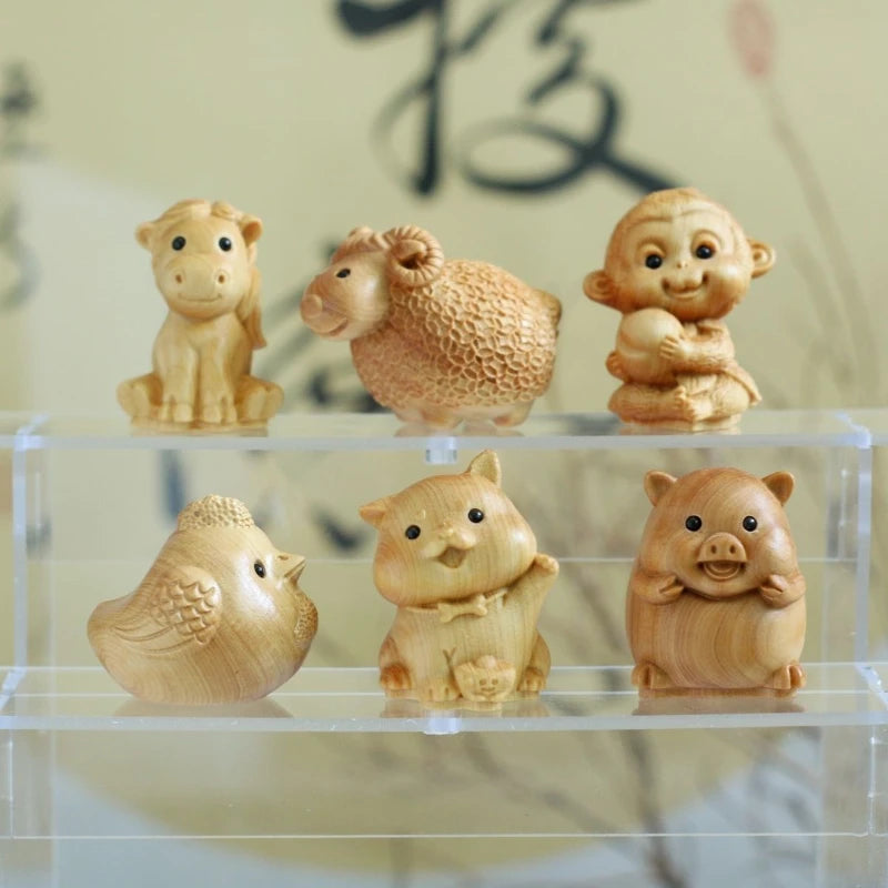 Taihang Cliff Cypress Wood Carved【Bring Wealth and Good Luck】Twelve Animals Home Decoration Office Accessories Car Ornaments