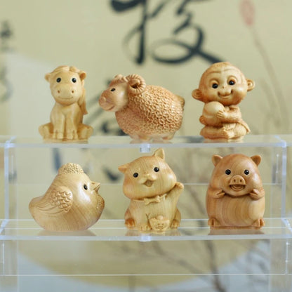 Taihang Cliff Cypress Wood Carved【Bring Wealth and Good Luck】Twelve Animals Home Decoration Office Accessories Car Ornaments