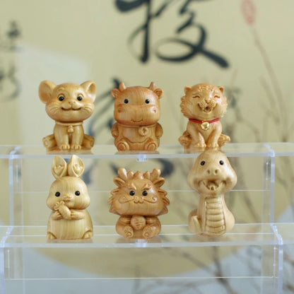 Taihang Cliff Cypress Wood Carved【Bring Wealth and Good Luck】Twelve Animals Home Decoration Office Accessories Car Ornaments