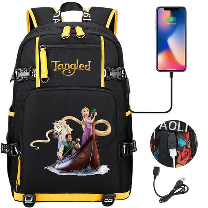 Tangled Rapunzel Princess Backpacks Schoolbag Large Capacity Laptop Bag Waterproof Multifunction USB Charging Mochila