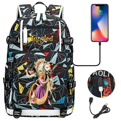Tangled Rapunzel Princess Backpacks Schoolbag Large Capacity Laptop Bag Waterproof Multifunction USB Charging Mochila